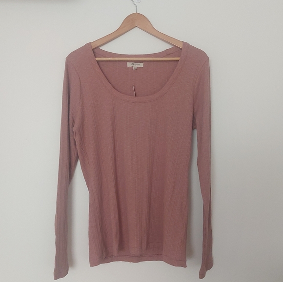 NWT Madewell Pointelle Square-Scoop Tee Rose Pink Ribbed Knit Long Sleeve XLarge - Picture 3 of 6